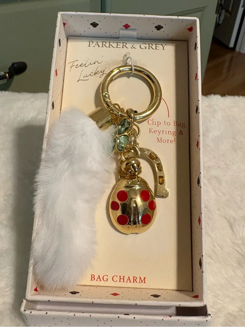 White Fur and Gold Ladybug Keychain Charm